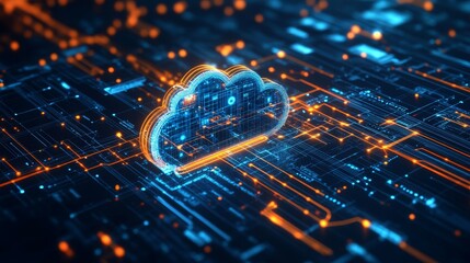 Aufkleber - Cloud Computing Technology Visualized With Digital Circuit Patterns Featuring Glowing Icons and Connections, Illustrating Innovation in Data Management and Storage