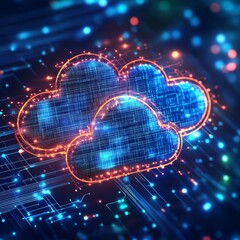 Aufkleber - Digital Cloud Technology With Glowing Circuits Symbolizing Data Storage and Connectivity in a Modern Network on a Vibrant Blue Background