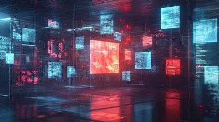 Poster - Futuristic Digital Environment Filled With Glowing Screens Displaying Data in Vibrant Colors