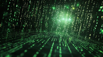 Poster - Digital Environment Showcasing Falling Green Binary Code Against a Dark Background, Creating an Immersive and Futuristic Atmosphere Typically Associated With Technology and Data