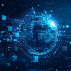 Aufkleber - Technology and Data Visualization Showcasing a Futuristic Digital Globe Surrounded by Glowing Cubes in a Vast Blue Space