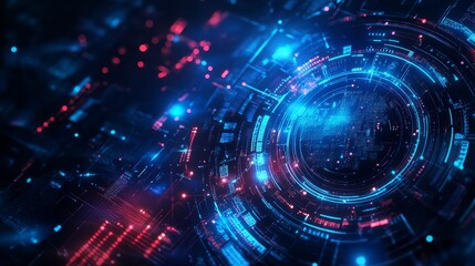 Aufkleber - Digital Abstract Design Featuring Vibrant Blue and Red Lights in a Circular Pattern With Intricate Details on a Dark Background, Showcasing Modern Technology and Innovation