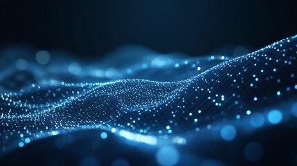 Poster - Dynamic Blue Wave Patterns Illuminated With Glowing Dots Represent Digital Technology and Data Flow in a Dark Environment