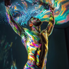 Poster - Colorful Body Art Performance With Dynamic Light Effects in an Artistic Studio Space at Night