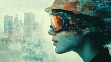 Poster - Profile view of a worker in safety helmet and goggles in an abstract city landscape with vibrant details. Generative AI