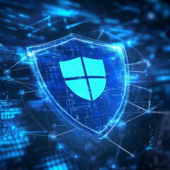 Poster - Shield Symbol Representing Cybersecurity and Digital Protection in a High-Tech Environment With Blue Network Connections and Data Streams