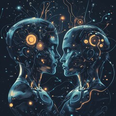 Poster - Futuristic Androids With Intricate Circuitry Showcase Connection in a Vibrant, Digital World Filled With Glowing Elements During a Technologic Exploration