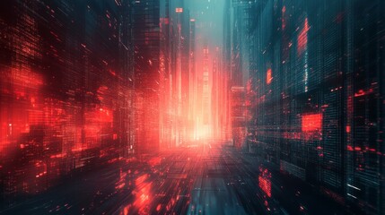 Aufkleber - Futuristic Cityscape With Digital Data Streams and Vibrant Lights in a Cyberpunk Setting Displaying Advanced Technology and Innovation at Night