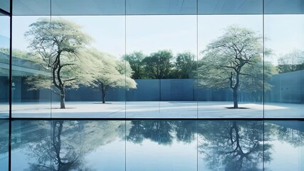 Poster - Sunlight is streaming into a spacious and airy modern building interior, showing trees growing in a courtyard with a polished concrete floor