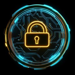 Poster - Bright Neon Lock Symbol Over a Circuit Board Background, Representing Digital Security and Technology in a Futuristic Environment