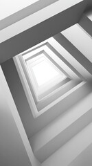 Poster - Minimalist architectural design featuring a white, geometric staircase with a bright light at the top, creating a sense of depth and symmetry.