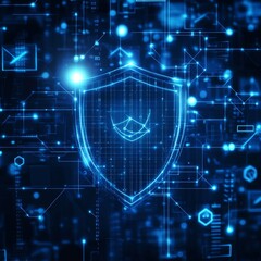 Aufkleber - Digital Security Shield Glowing Amidst a Network of Data and Circuit Patterns in a Futuristic Blue Setting
