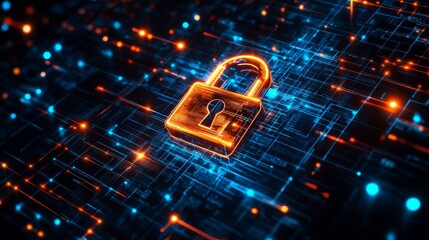 Aufkleber - Digital Lock Symbol Glowing on a Futuristic Network Background During the Night With Vibrant Blue and Orange Colors