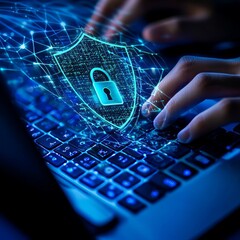 Aufkleber - Digital Security Concept Showcasing a Virtual Lock Over a Keyboard With Glowing Data Lines in a Tech-Focused Environment