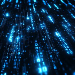 Poster - Digital Abstract Representation of Data Streams Flowing in Blue Pixel Patterns at Night in a Computational Environment
