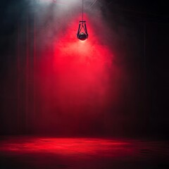 Poster - Vibrant Red Lighting and Mist Create a Dramatic Atmosphere in a Dimly Lit Space With a Single Hanging Light Fixture
