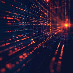 Poster - Digital Data Streams Flow Through a Vibrant Network Grid Illuminated by Orange and Blue Lights in a Futuristic Visualization of Technology and Information Processing