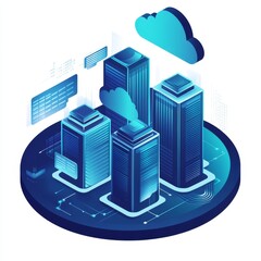 Poster - Urban Skyline With Modern Skyscrapers and Digital Cloud Technology During Sunset in a Futuristic Cityscape