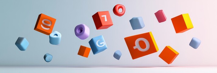 Poster - Colorful Floating Blocks With Numbers and Shapes Creating a Playful and Dynamic Visual Display in a Modern, Minimalistic Setting