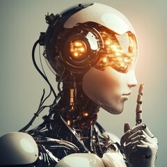 Poster - Futuristic Humanoid Robot With Illuminated Circuitry and a Shushing Gesture in a High-Tech Setting