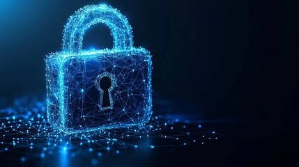 Poster - Digital Lock Symbolizing Cybersecurity and Data Protection in a Futuristic Environment Illuminated With Glowing Blue Lines and Particles