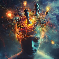 Poster - Creative Minds Ignited by Gears and Light Bulbs in an Imaginative Dreamscape Showcasing the Intersection of Thought and Invention