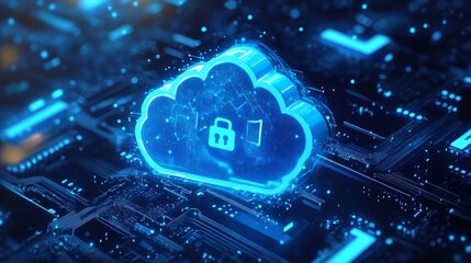 Poster - Digital Cloud Symbol With Padlock on a Circuit Board Background Representing Cybersecurity and Data Protection in Technology