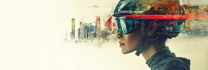 Aufkleber - Individual wearing a safety helmet and goggles stands confidently amidst an abstract city environment, representing safety in an innovative world