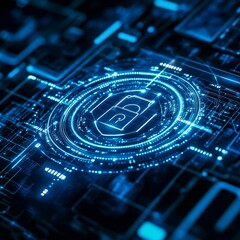 Poster - Digital Security Concept Illustration Featuring a Glowing Padlock Symbol Within a Circular Network Pattern Against a Dark Background