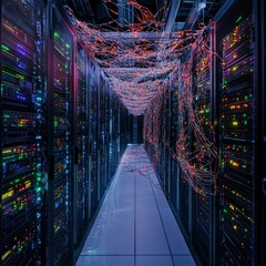 Aufkleber - Colorful Server Room Filled With Tangled Cables and Illuminated Equipment, Showcasing the Complexity of Modern Technology and Data Management