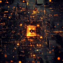 Poster - Bright Orange Circuit Board With Glowing Connections Showcases Intricate Technology During a Digital Visualization at Night