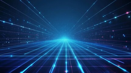 Poster - Visual Representation of Futuristic Technology Illustrating Lines of Light Moving Towards a Central Blue Point in a Dark Space Background at Night