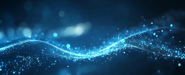 Poster - Dynamic Blue Wave With Sparkling Particles Flows Gracefully in an Abstract Digital Landscape Creating a Sense of Motion and Depth During Nighttime
