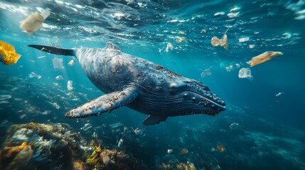 Poster - In a tranquil underwater realm, a majestic humpback whale glides among colorful corals and thriving sea life, free from plastic pollution and celebrating nature's beauty