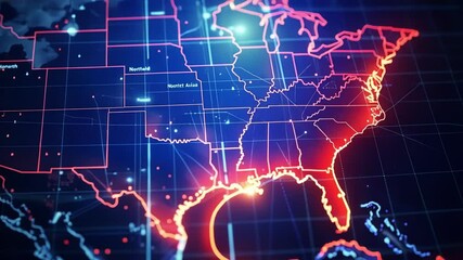 Poster - Futuristic glowing united states map is showing data flow, connections, big data, and complex digital information across its states and regions