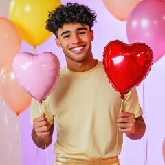 Wall Mural - Handsome young man holding heart shaped balloons for Valentine's Day or Birthday Party, standing in decorated room. Male model, yellow shirt mockup. Blank basic short sleeve tee template	