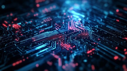 Poster - Complex Circuit Board Design With Glowing Blue and Red Lines Representing Advanced Technology