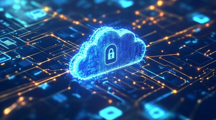 Aufkleber - Cloud Security Concept Represented by a Glowing Cloud With a Padlock Symbol Amidst a Digital Circuit Background