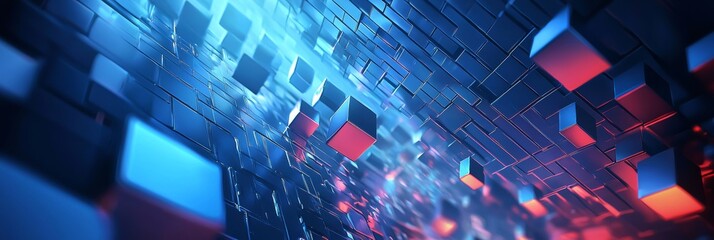 Aufkleber - Floating Blue and Red Cubes Create a Dynamic, Vibrant 3D Digital Art Piece With Glowing Effects and a Striking Futuristic Atmosphere
