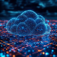 Poster - Digital Cloud Representation Over a Network of Glowing City Lights at Night With Blue and Orange Tones Showcasing Technology and Connectivity