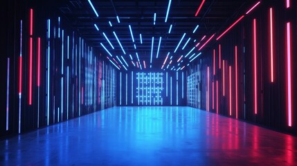 Poster - Modern Space Illuminated With Blue and Red Neon Lights Creates a Vibrant, Immersive Atmosphere in a Darkened Setting