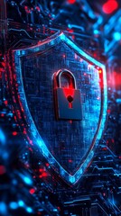 Poster - Digital Lock Surrounded by a Vibrant Shield Representing Cybersecurity, Showcasing Advanced Technology With Glowing Colors and Intricate Designs