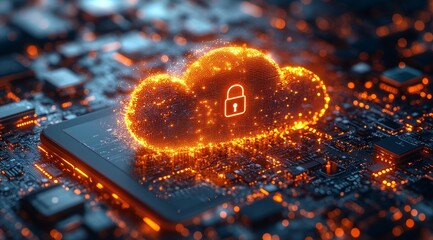 Poster - Cloud Storage Security Concept With Glowing Lock Symbol on Circuit Board Background Representing Digital Protection and Data Safety in Technology