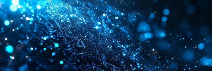 Poster - Vibrant Blue Abstract Background Depicting Luminous Particles and Shimmering Streaks at Night
