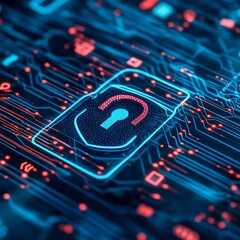 Poster - Digital Security Concept Depicting a Padlock Symbol on a Futuristic Circuit Board Background With Glowing Lines and Patterns