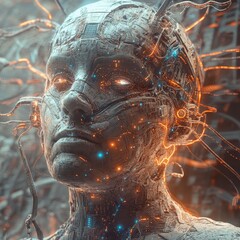 Poster - Futuristic Humanoid With Glowing Circuitry in a High-Tech Environment During a Digital Revolution Concept