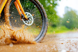 Bicycle wheel splashing through muddy puddles, capturing energy, movement, and the thrill of outdoor adventures in rugged conditions.
