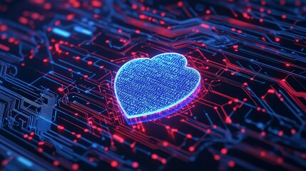 Aufkleber - vibrant digital heart shape glowing on a circuit board with red and blue lights, symbolizing technol