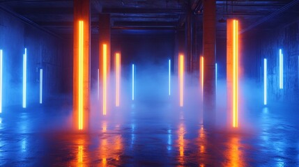 Poster - Colorful Neon Lights Illuminate a Foggy Warehouse Space Creating a Vibrant Atmosphere for Art Installations