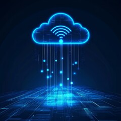 Poster - Digital Cloud With Blue Data Streams and Wireless Signals Above a Glowing Circuit Board Design